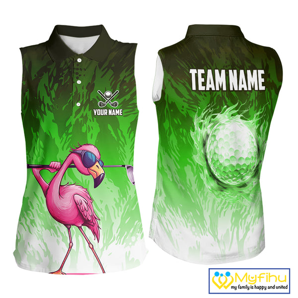 Funny Flamingo Green camo flame golf ball Women Golf Sleeveless Polo Shirt Custom Ladies Golf tops NQS9799