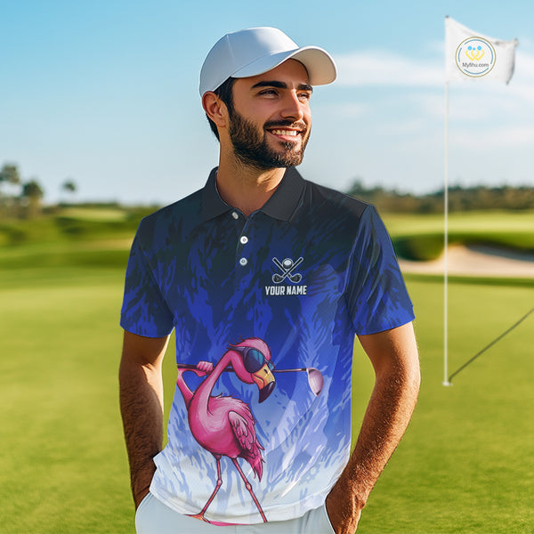Funny Flamingo Blue camo flame golf ball Mens Golf Polo Shirts Custom Flamingo Golf attire for men NQS9800