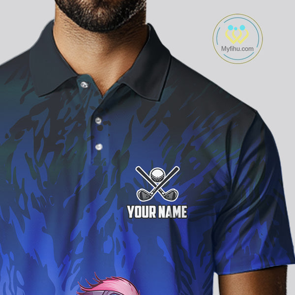 Funny Flamingo Blue camo flame golf ball Mens Golf Polo Shirts Custom Flamingo Golf attire for men NQS9800