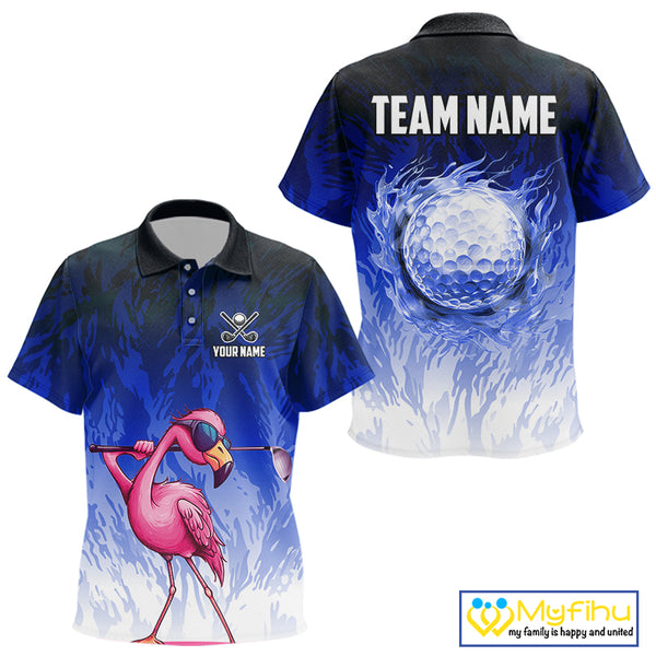 Funny Flamingo Blue camo flame golf ball Kid Golf Polo Shirt Custom Golf tops for kid NQS9800