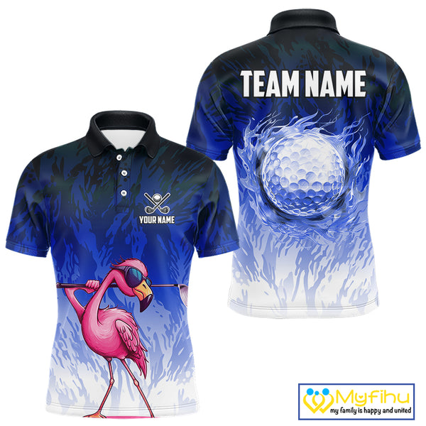 Funny Flamingo Blue camo flame golf ball Mens Golf Polo Shirts Custom Flamingo Golf attire for men NQS9800