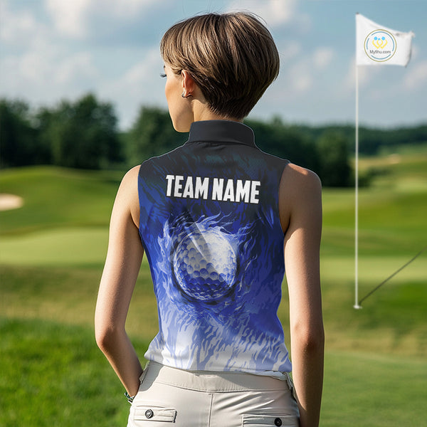 Funny Flamingo Blue camo flame golf ball Women Golf Sleeveless Polo Shirt Custom Ladies Golf tops NQS9800