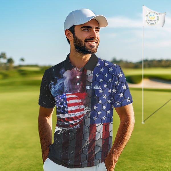 Smoke Golf ball American Flag pattern Mens Golf Polo Shirts Custom Patriotic Golf attire for men NQS9801
