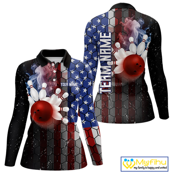Smoke American Flag Vintage Women Bowling Polo, 1/4 Zip Shirts Custom Patriotic Bowling Team jerseys NQS9802