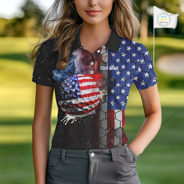 Smoke Golf ball American Flag pattern Women Golf Polo Shirts Custom Patriotic Golf attire for ladies NQS9801