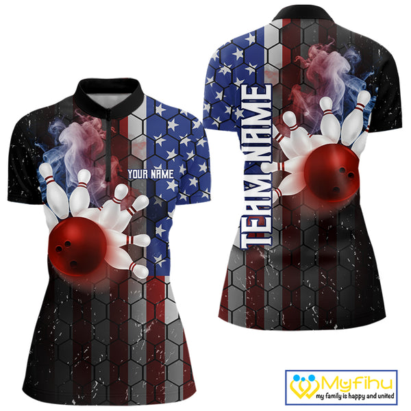 Smoke American Flag Vintage Women Bowling Polo, 1/4 Zip Shirts Custom Patriotic Bowling Team jerseys NQS9802