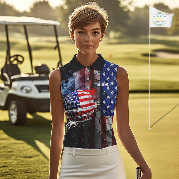Smoke Golf ball American Flag Women Sleeveless Polo Shirt Custom Patriotic Golf attire for ladies NQS9801
