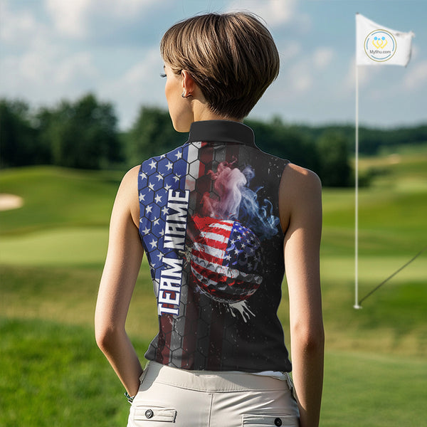 Smoke Golf ball American Flag Women Sleeveless Polo Shirt Custom Patriotic Golf attire for ladies NQS9801