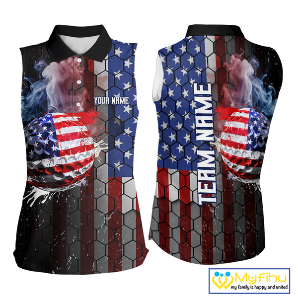 Smoke Golf ball American Flag Women Sleeveless Polo Shirt Custom Patriotic Golf attire for ladies NQS9801
