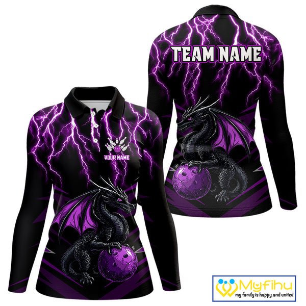 Black & Purple Lightning Thunder Dragon Women Bowling Shirts Custom Dragon Bowling Team Shirt Uniform NQS9805