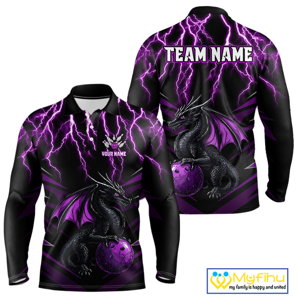 Black & Purple Lightning Thunder Dragon Bowling Shirt For Men Custom Dragon Bowling Team Shirt Uniform NQS9805