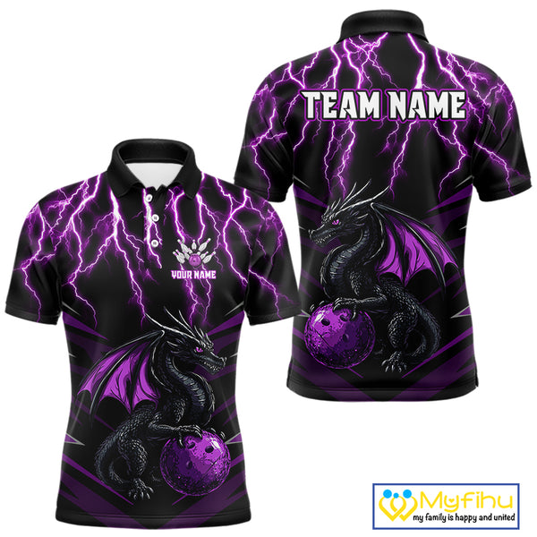 Black & Purple Lightning Thunder Dragon Bowling Shirt For Men Custom Dragon Bowling Team Shirt Uniform NQS9805