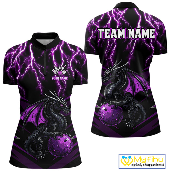 Black & Purple Lightning Thunder Dragon Women Bowling Shirts Custom Dragon Bowling Team Shirt Uniform NQS9805