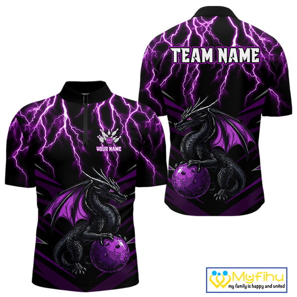 Black & Purple Lightning Thunder Dragon Bowling Shirt For Men Custom Dragon Bowling Team Shirt Uniform NQS9805