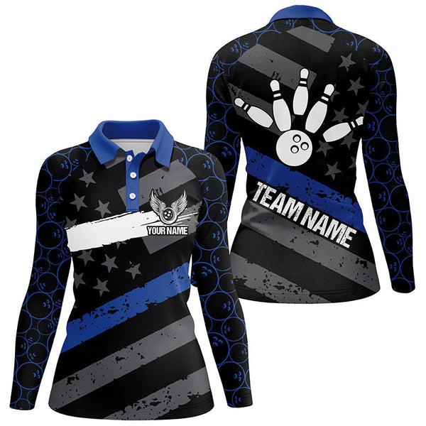 Black American flag Women bowling shirts Custom bowling camo Team Jerseys, gift for Bowlers | Blue NQS7575