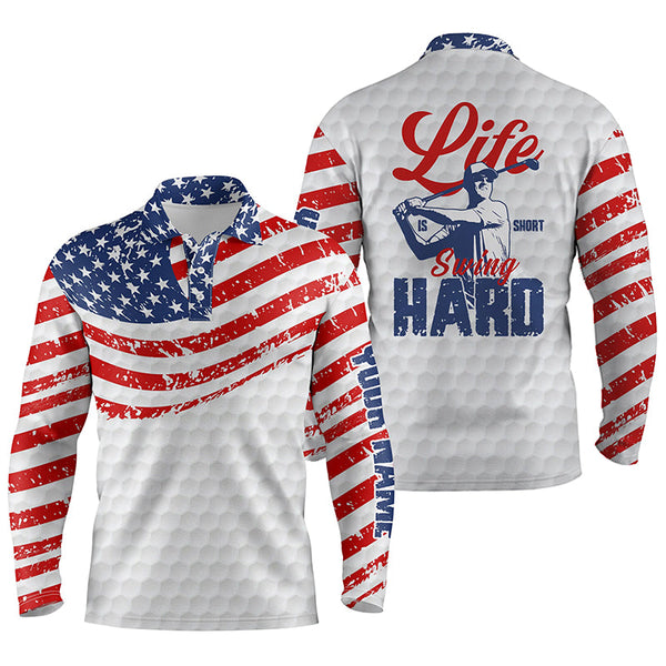 American flag patriotic white Mens golf polo shirt custom life is short swing hard golf shirt for men NQS5609