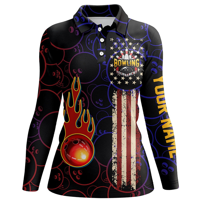 Custom American flag black Bowling polos Shirts For Women, patriotic Bowling tournament Jerseys NQS5615
