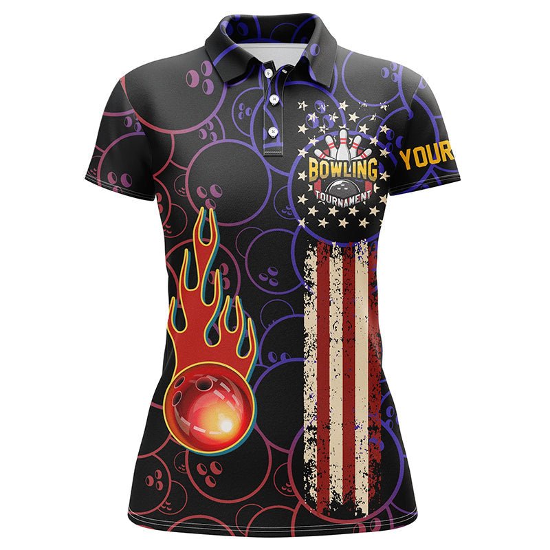 Custom American flag black Bowling polos Shirts For Women, patriotic Bowling tournament Jerseys NQS5615