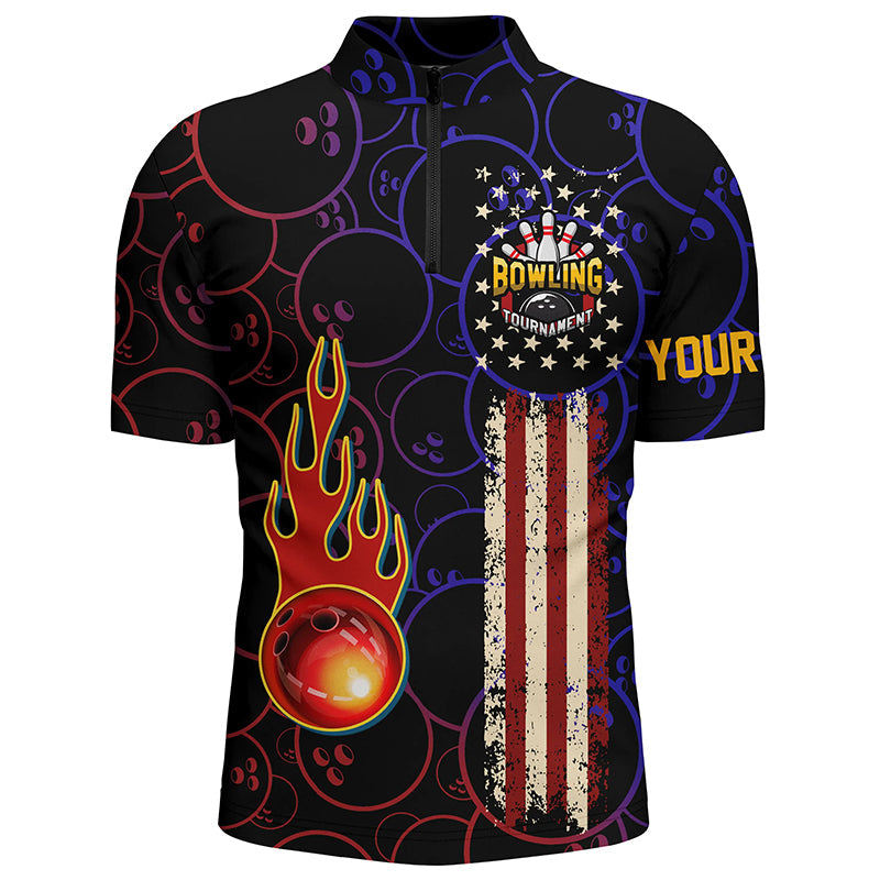 Custom American flag black Bowling Quarter Zip Shirts For men, patriotic Bowling tournament Jerseys NQS5615