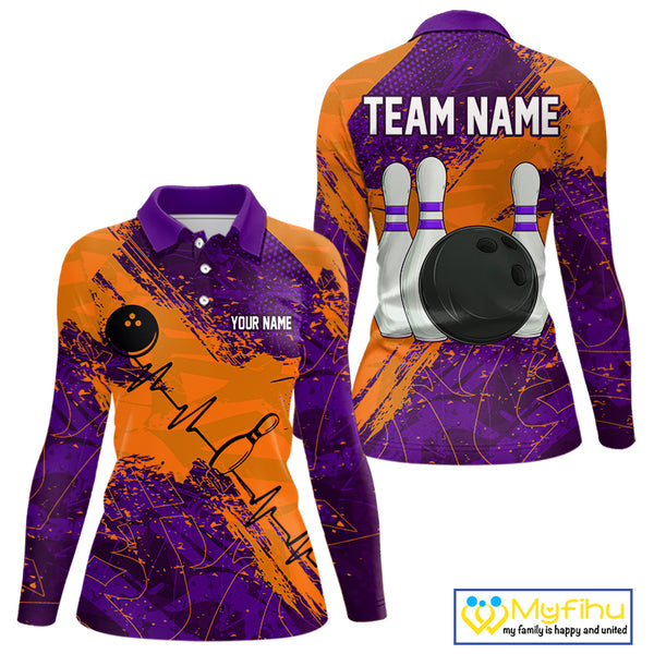 Orange and Purple Grunge Camo Heartbeat Women Bowling Polo, 1/4 Zip Shirt Custom Bowling Team Jersey NQS10039