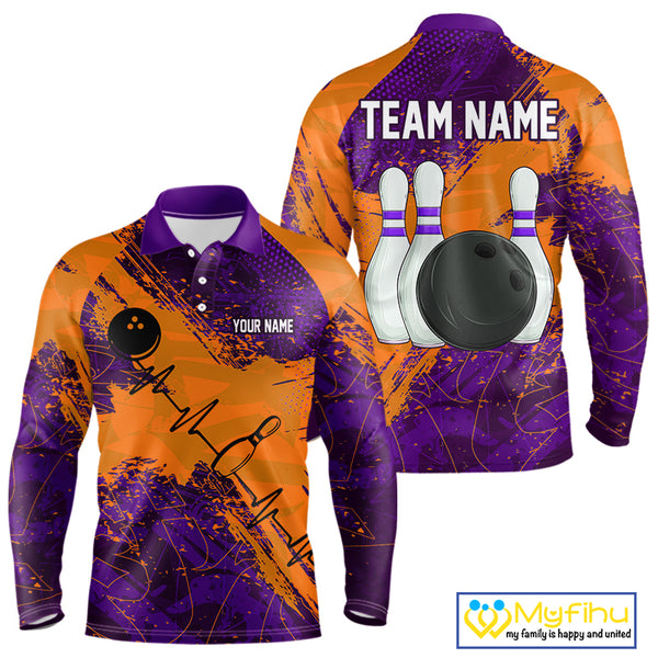 Orange & Purple Grunge Camo Heartbeat Bowling Polo, 1/4 Zip Shirt For Men Custom Bowling Team Jersey NQS10039