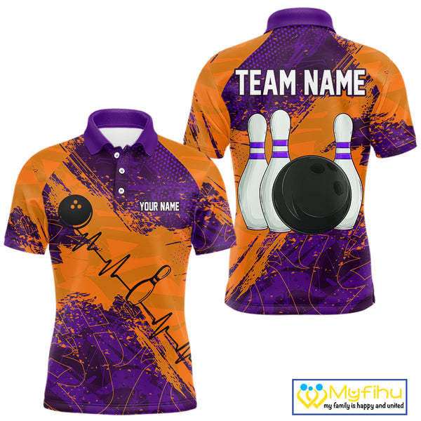 Orange & Purple Grunge Camo Heartbeat Bowling Polo, 1/4 Zip Shirt For Men Custom Bowling Team Jersey NQS10039