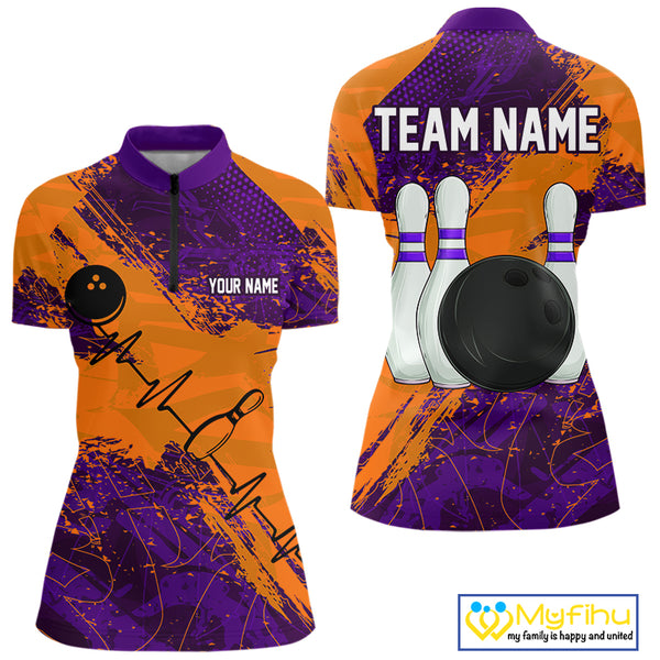 Orange and Purple Grunge Camo Heartbeat Women Bowling Polo, 1/4 Zip Shirt Custom Bowling Team Jersey NQS10039