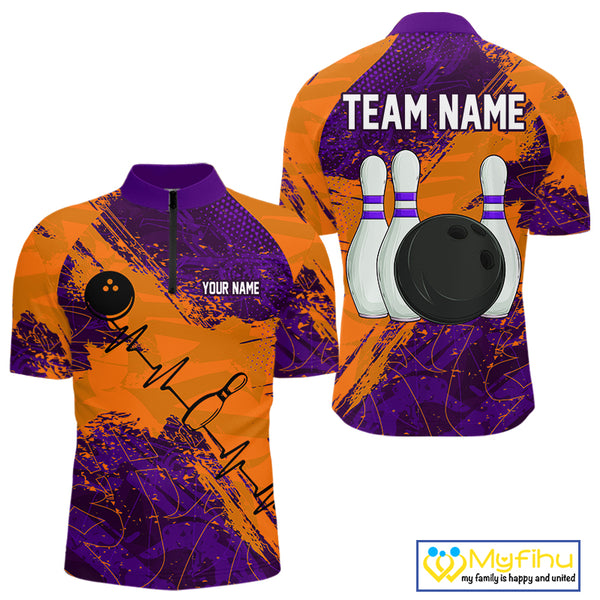 Orange & Purple Grunge Camo Heartbeat Bowling Polo, 1/4 Zip Shirt For Men Custom Bowling Team Jersey NQS10039