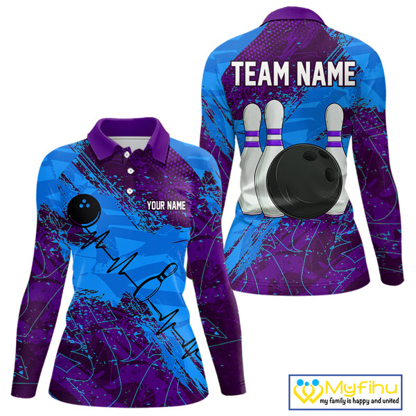 Blue and Purple Grunge Camo Heartbeat Women Bowling Polo, 1/4 Zip Shirt Custom Bowling Team Jersey NQS10040