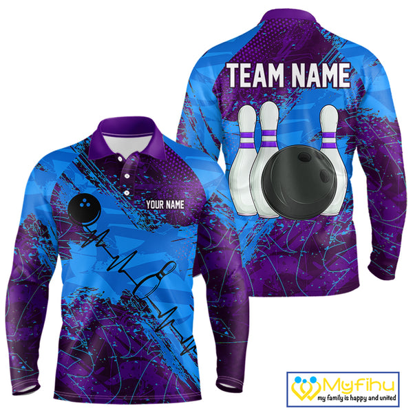 Blue and Purple Grunge Camo Heartbeat Bowling Polo, 1/4 Zip Shirt For Men Custom Bowling Team Jersey NQS10040