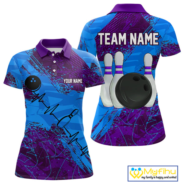 Blue and Purple Grunge Camo Heartbeat Women Bowling Polo, 1/4 Zip Shirt Custom Bowling Team Jersey NQS10040