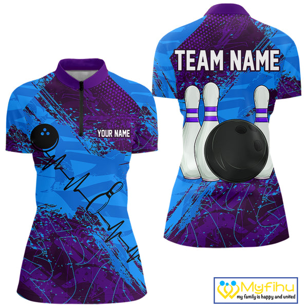 Blue and Purple Grunge Camo Heartbeat Women Bowling Polo, 1/4 Zip Shirt Custom Bowling Team Jersey NQS10040
