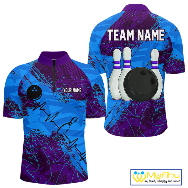 Blue and Purple Grunge Camo Heartbeat Bowling Polo, 1/4 Zip Shirt For Men Custom Bowling Team Jersey NQS10040