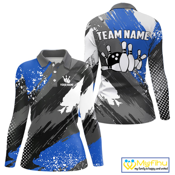 Blue Grunge pattern Bowling Team Shirt For Women Custom Bowling jersey Uniform Bowler Outfits NQS10041