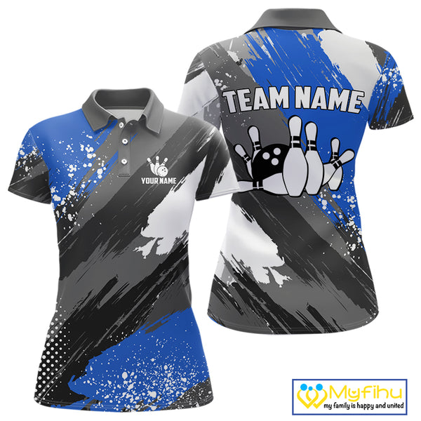 Blue Grunge pattern Bowling Team Shirt For Women Custom Bowling jersey Uniform Bowler Outfits NQS10041