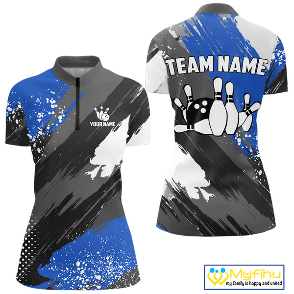 Blue Grunge pattern Bowling Team Shirt For Women Custom Bowling jersey Uniform Bowler Outfits NQS10041