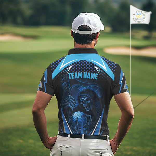 Mens golf polo shirts custom Blue Lightning reaper skull Golf team golf jersey, mens golf attire NQS10206