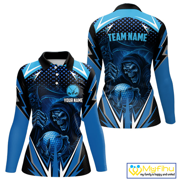 Women golf polo shirts custom Blue Lightning reaper skull Golf team golf jersey, ladies golf attire NQS10206