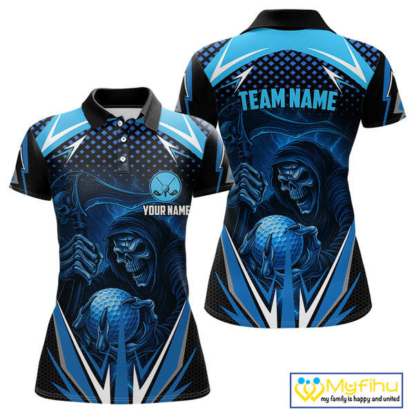 Women golf polo shirts custom Blue Lightning reaper skull Golf team golf jersey, ladies golf attire NQS10206