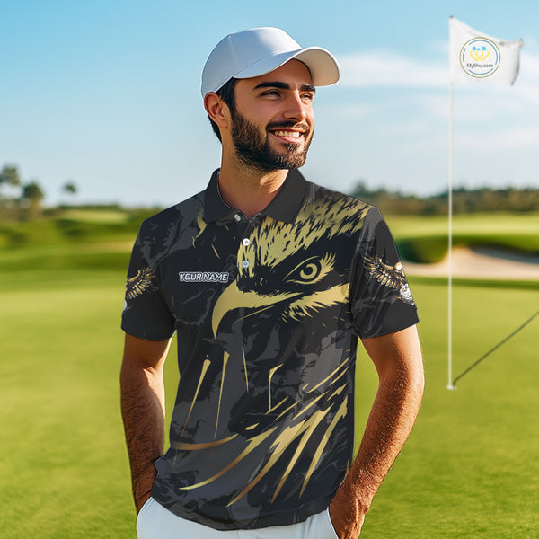 Black and Gold Eagle golf polo shirts for men custom men's golf team shirts, personalized golf gifts NQS10208