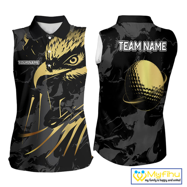 Black & Gold Eagle sleeveless golf polo shirts custom Women's golf team shirt, personalized golf gift NQS10208