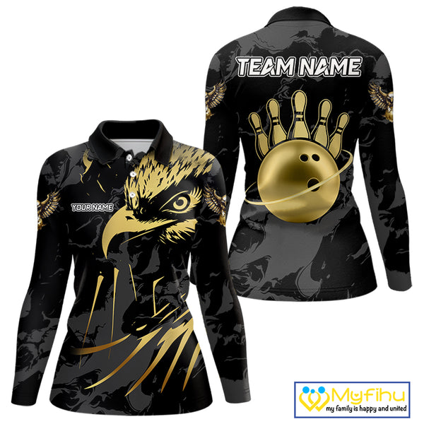 Black and Gold Eagle Bowling Polo, Quarter Zip Shirts For Women custom Bowling league outfits NQS10209
