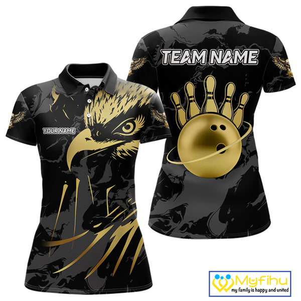 Black and Gold Eagle Bowling Polo, Quarter Zip Shirts For Women custom Bowling league outfits NQS10209