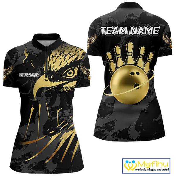 Black and Gold Eagle Bowling Polo, Quarter Zip Shirts For Women custom Bowling league outfits NQS10209
