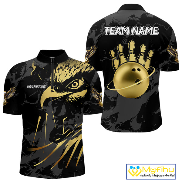 Black and Gold Eagle Bowling Polo, Quarter Zip Shirts For Men custom Bowling league outfits NQS10209