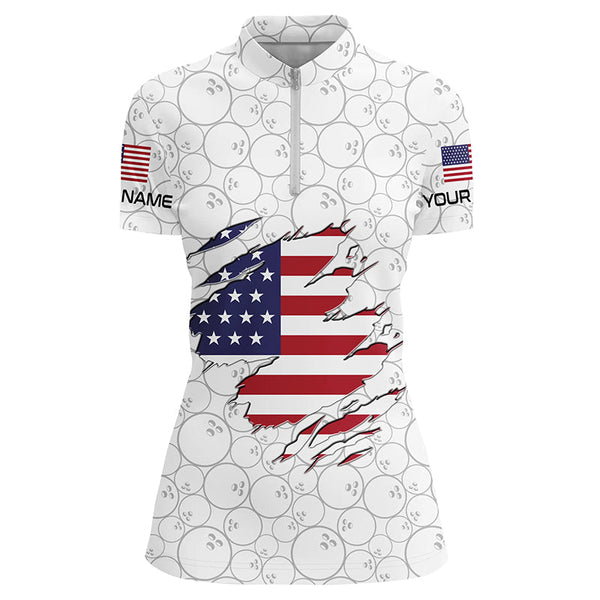 American flag Bowling camo Custom Women Bowling Polo, 1/4 Quarter zip shirts Team Bowling jerseys NQS8168