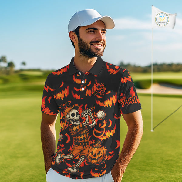 Orange and Black Halloween Pattern Funny Skull Golf polo shirt for men Custom Halloween Mens golf top NQS10352