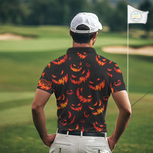 Orange and Black Halloween Pattern Funny Skull Golf polo shirt for men Custom Halloween Mens golf top NQS10352