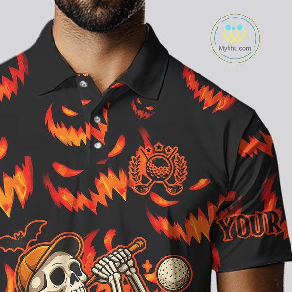 Orange and Black Halloween Pattern Funny Skull Golf polo shirt for men Custom Halloween Mens golf top NQS10352