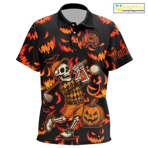 Orange and Black Halloween Pattern Funny Skull Golf polo shirt for Kid Custom Halloween Kid golf top NQS10352